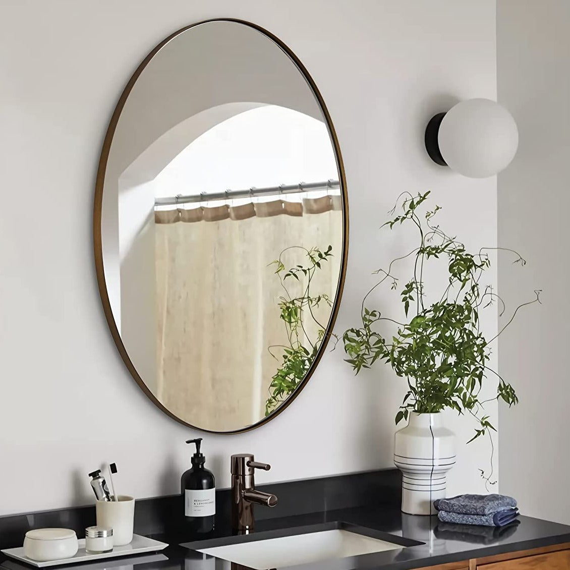 Open Box Like New:  Modern Oval Wall Mounted Mirror for Bathroom Living Room | Stainless Steel Framed
