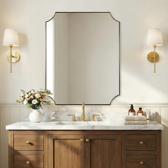 Modern Cut Corner Scalloped  Rectangle Bathroom Vanity Mirror | Stainless Steel Frame