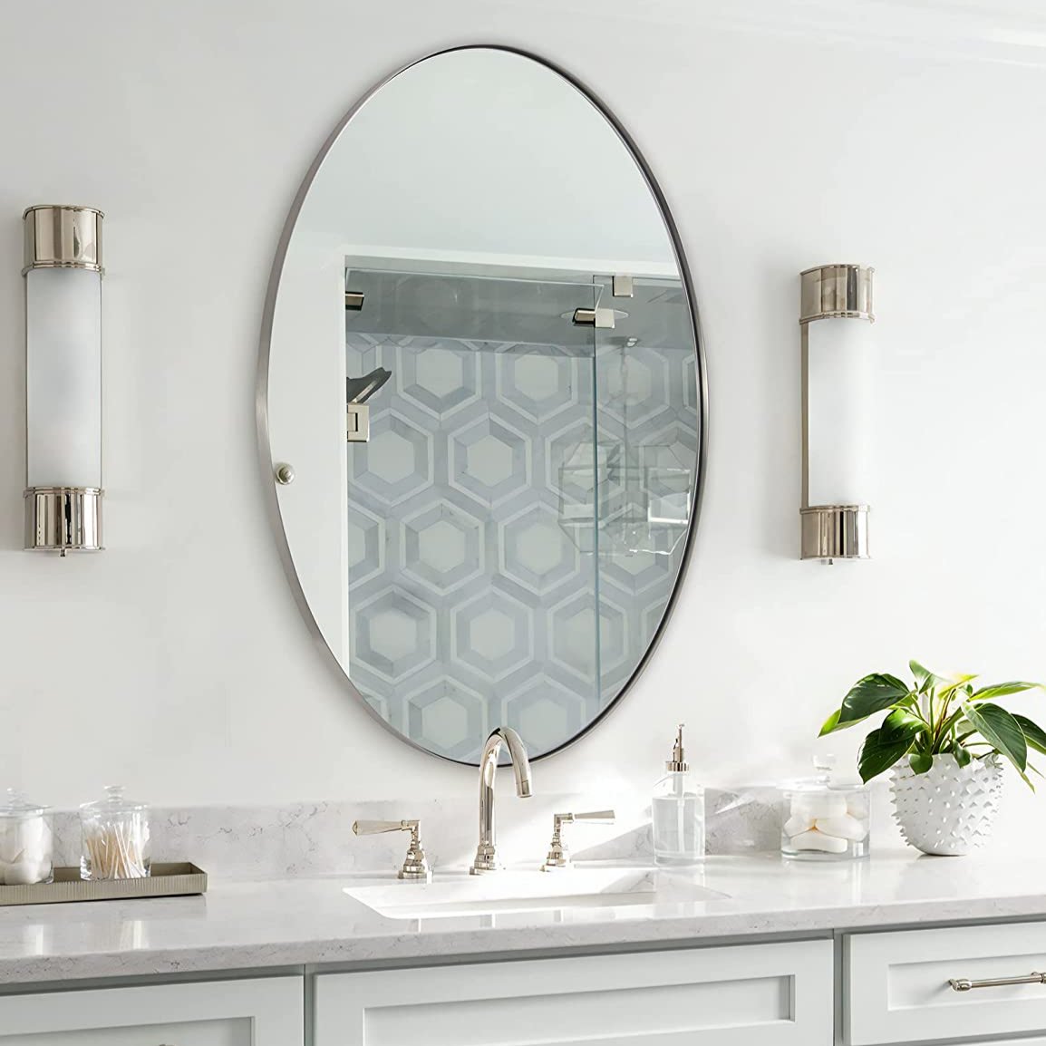 Open Box Like New:  Modern Oval Wall Mounted Mirror for Bathroom Living Room | Stainless Steel Framed