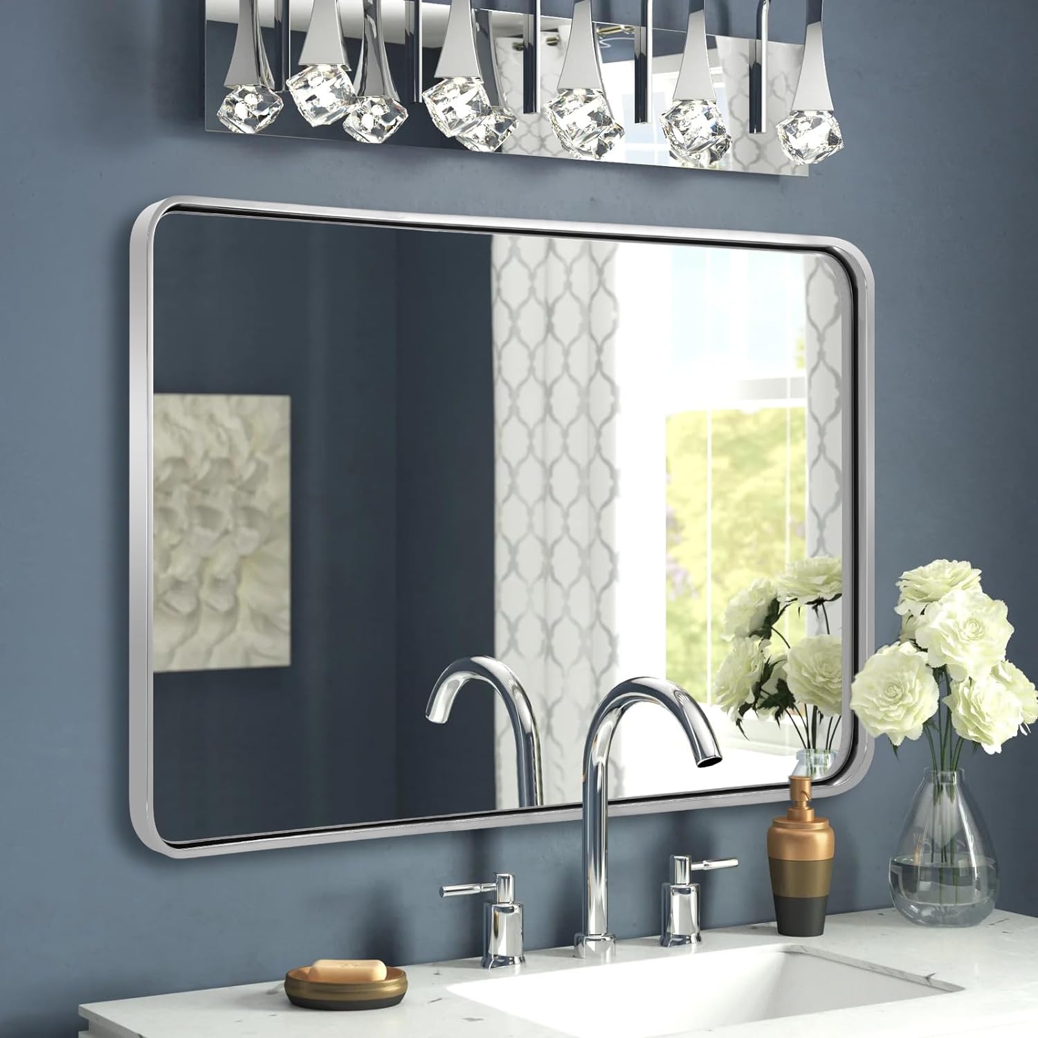 Modern Bold Framed Rectangle Wall Mirrors for Bathroom Wall| Stainless Steel Framed
