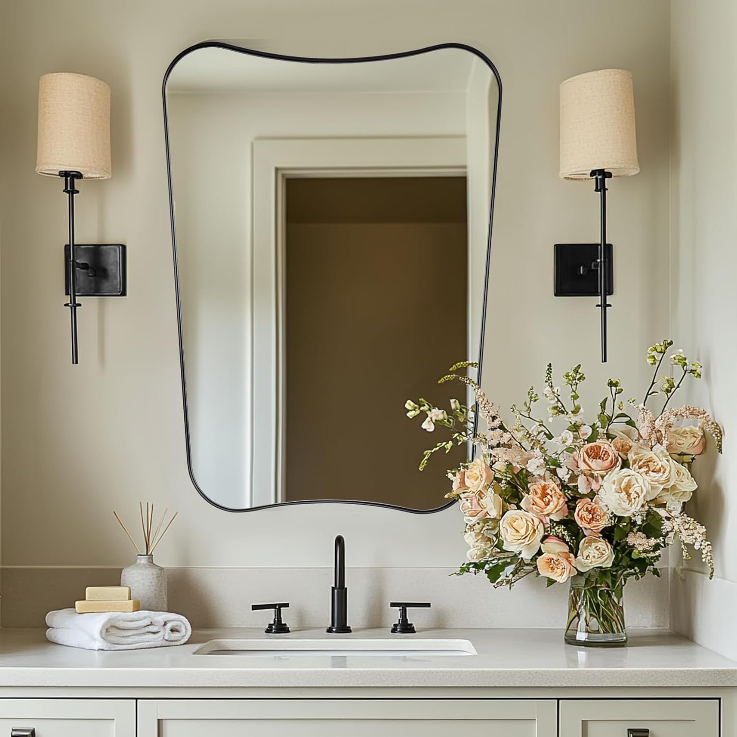 Concave Top Rectangle Irregular Scalloped Bathroom Vanity Mirror Asymmetrical Mirror in Stainless Steel Metal Frame