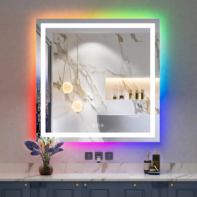 MIRROTREND RGB LED Bathroom Mirror with lights Frameless Rectangular Mirror,  Anti-Fog, Dimmable RGB Backlit + Front Lighted
