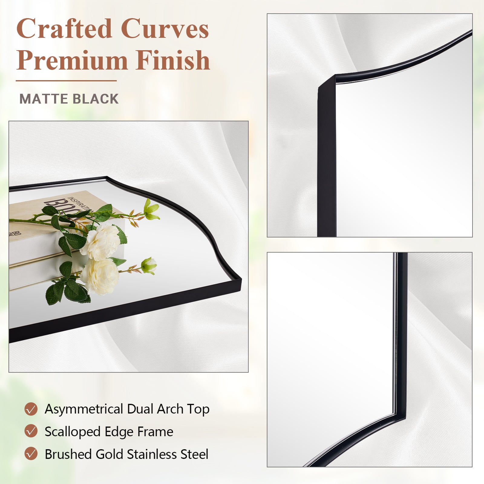 Curve Dual Arch Rectangular Scalloped  Bathroom Wall Mirror Brushed Gold |Stainless Steel Framed