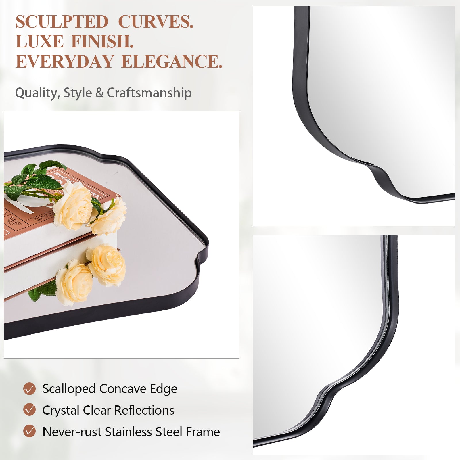 Contemporary Concave Edge Scalloped Bathroom Mirror Decorative | Stainless Steel Frame