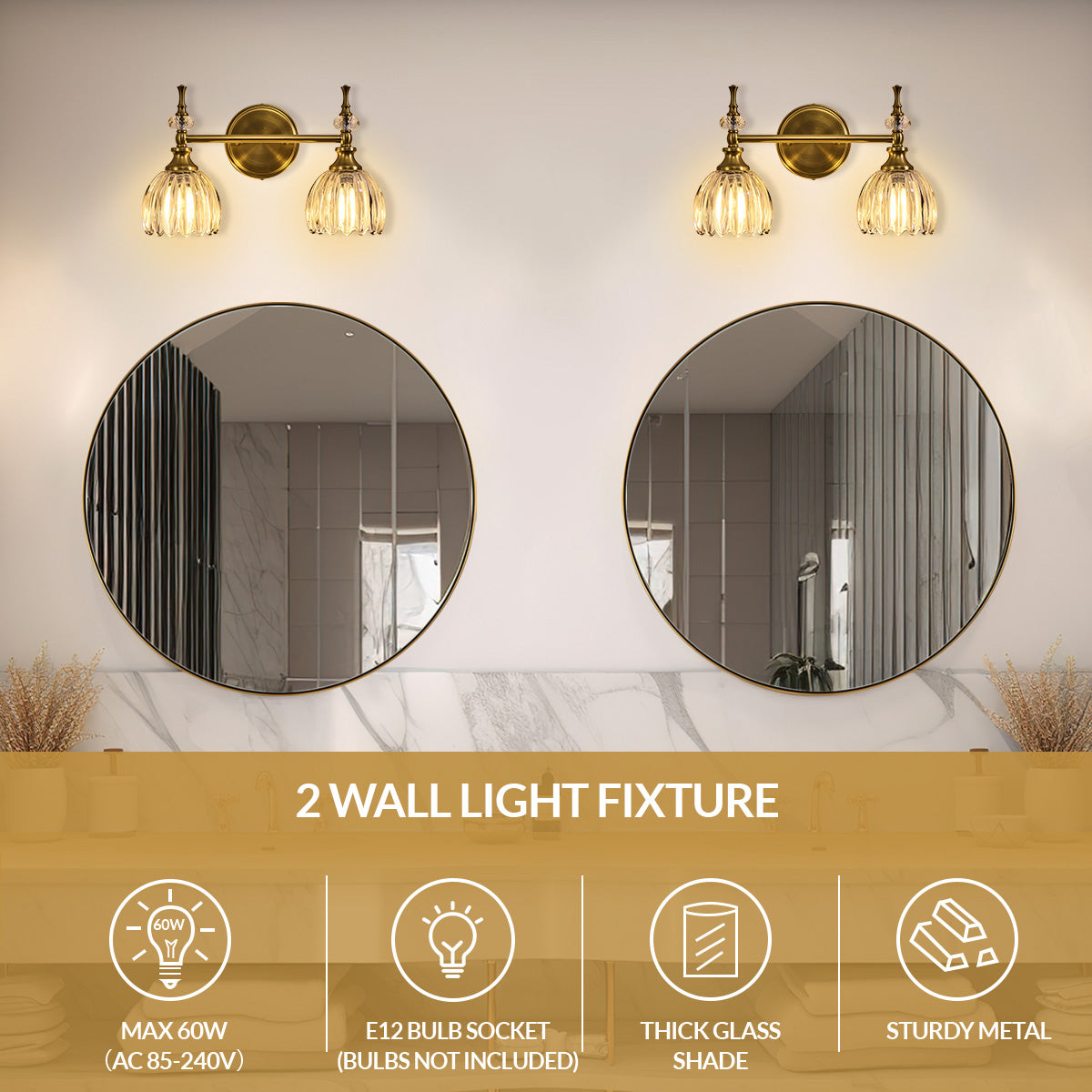 Luxury Gold Wall Sconces Bathroom Vanity Lights with Tulip Glass Shade for Bedroom, Hallway