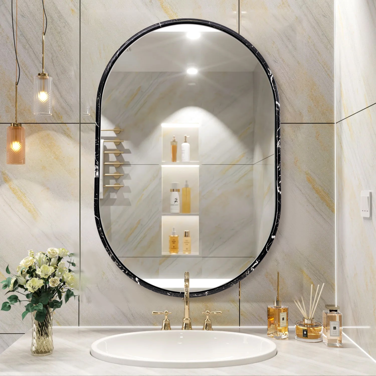 Contemporary Imitation Marble Framed Pill/ Capsule Shaped Mirrors for Bathroom/ Wall