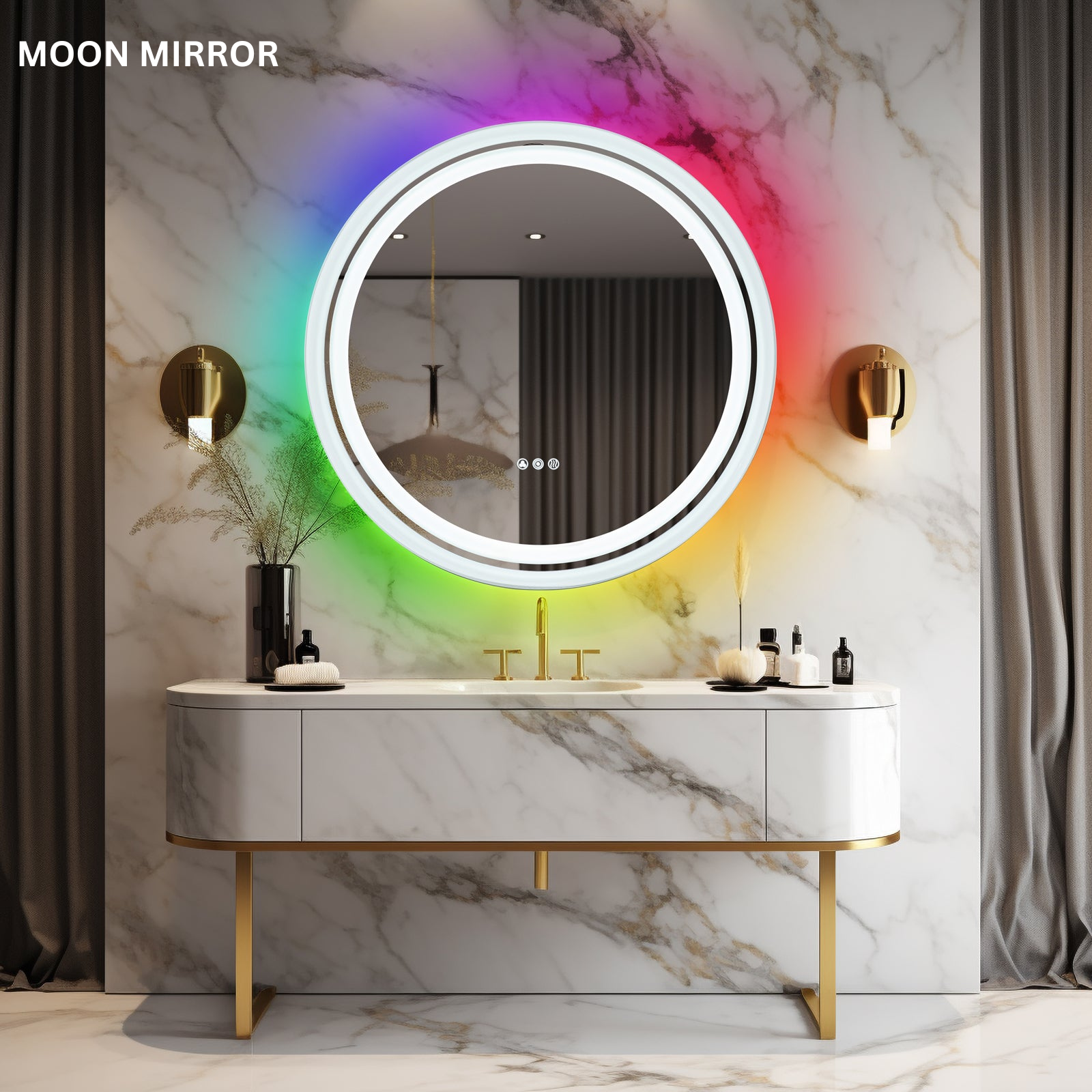 MOON MIRROR Round LED Bathroom Vanity Mirror with Lights,White Framed, Dual Front& Back Lights,Anti-Fog