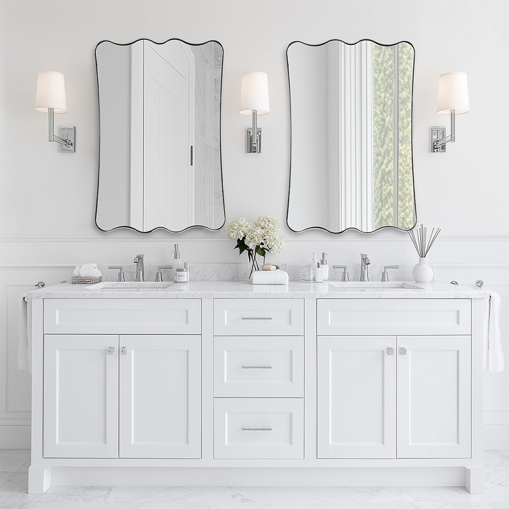 Contemporary Wavy Scalloped Rectangle Mirror Decorative Bathroom Mirror | Stainless Steel Frame