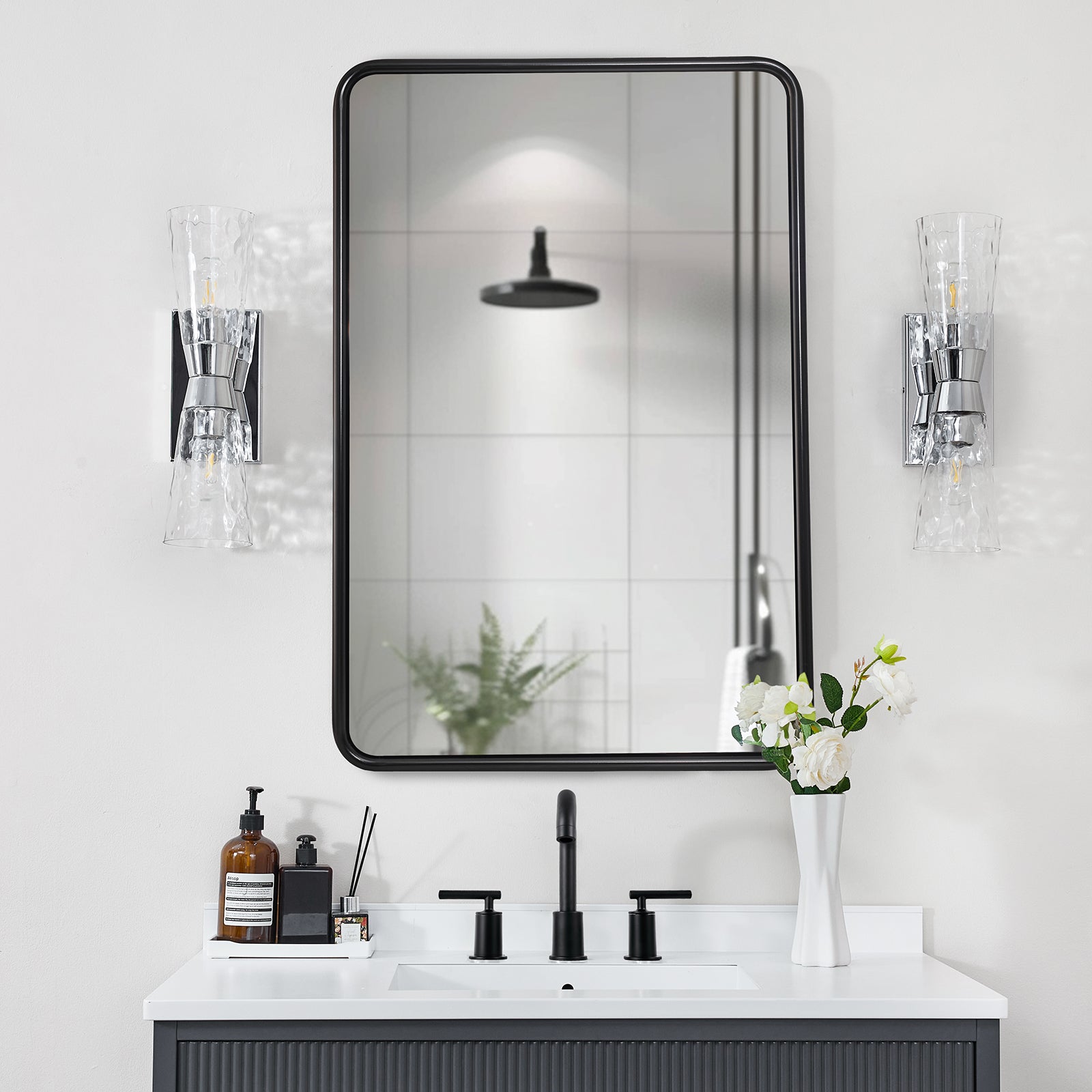 Modern Bathroom Mirror with Rounded Corners | Stainless Steel O-Tube Frame Design