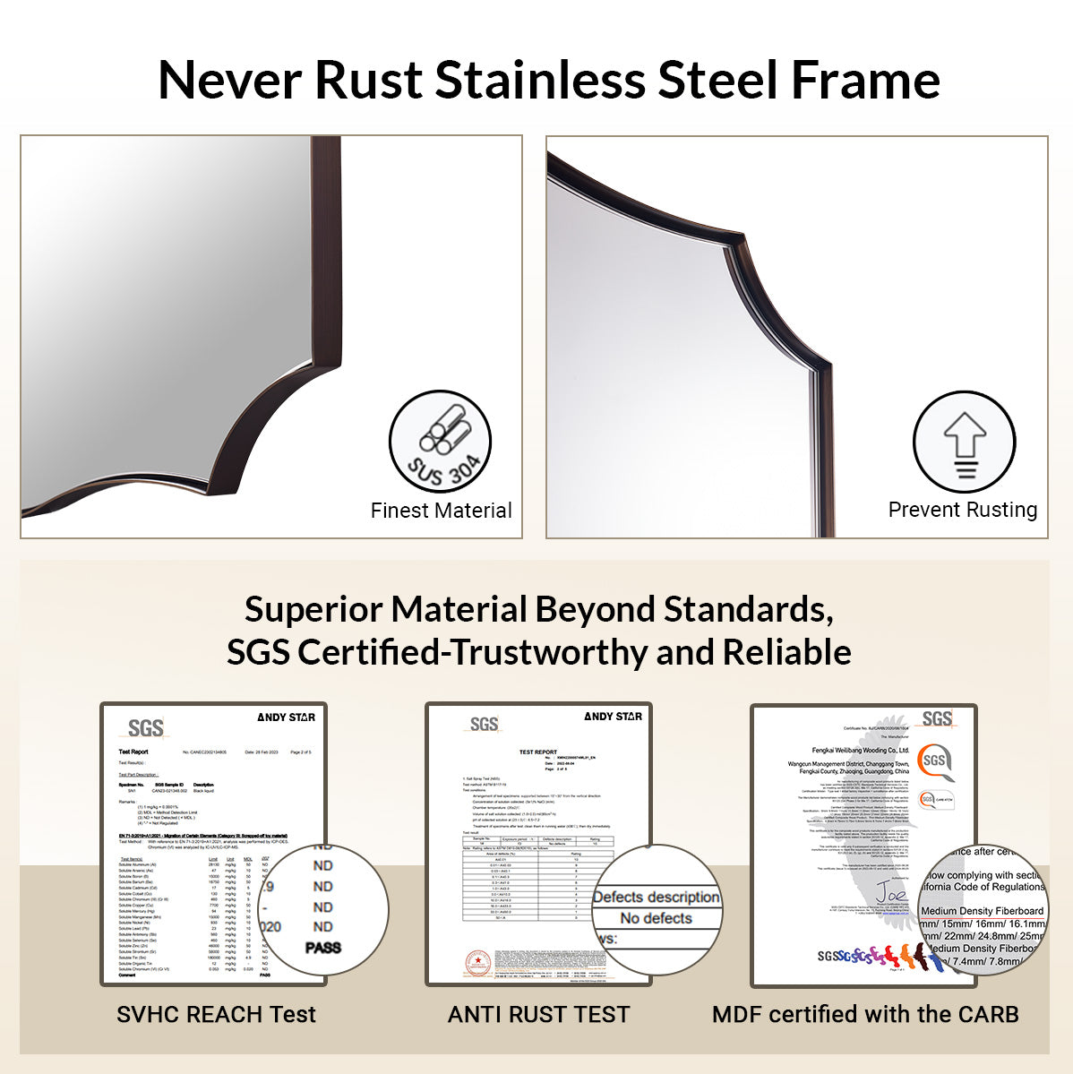 Contemporary  Scalloped Rectangle Wall Mirror | Stainless Steel Frame