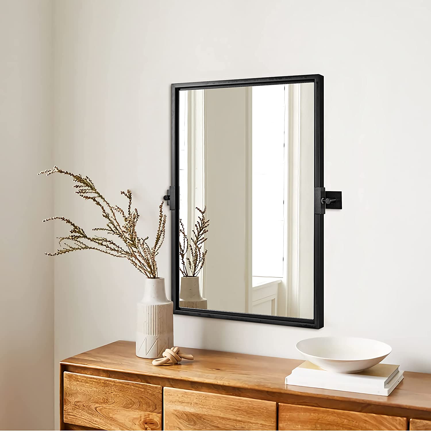 MOON MIRROR Black Pivot Swivel Titling Mirrors Farmhouse Bathroom Vanity Mirror Rectangle Wall Mirror| Wooden Mirror
