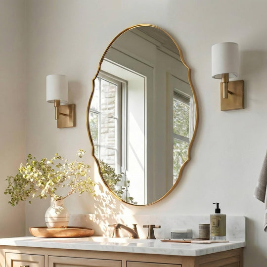 Contemporary Oval Scalloped Wall Mirror Irregular Bathroom Vanity Mirror| Stainless Steel Frame