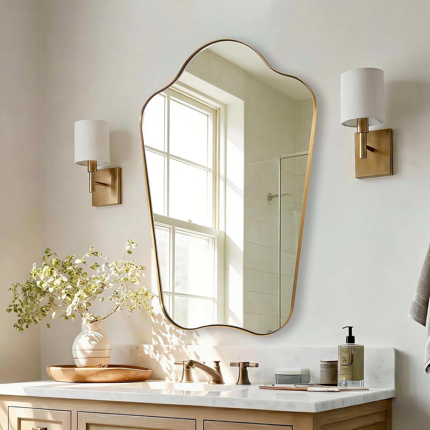 Contemporary Dual Arch Wall Mirror Irregular Scalloped Bathroom Mirror | Stainless Steel Frame