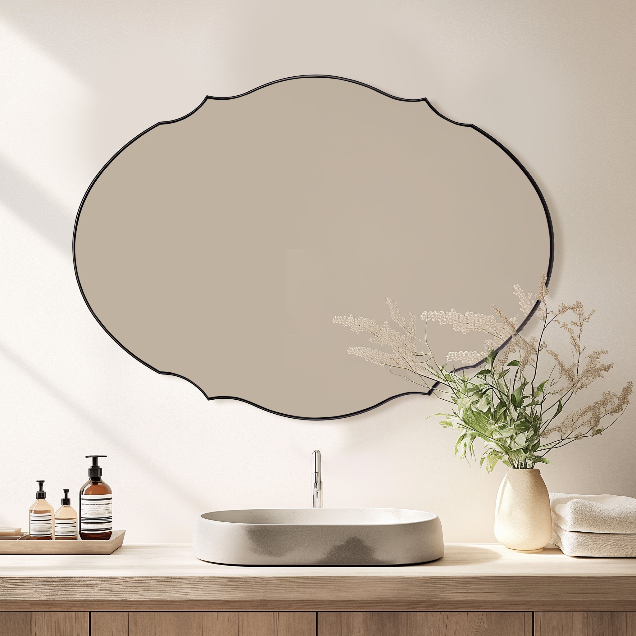 Contemporary Oval Scalloped Wall Mirror Irregular Bathroom Vanity Mirror| Stainless Steel Frame
