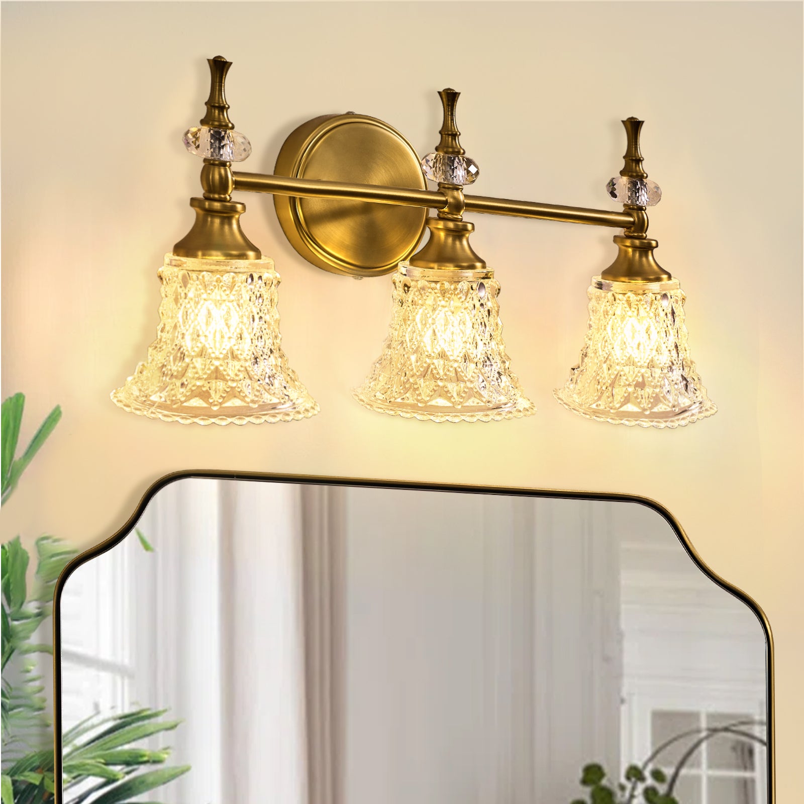 Victorian Crystal Wall Sconce Gold Bathroom Light Fixtures with Trumpet Glass Shade