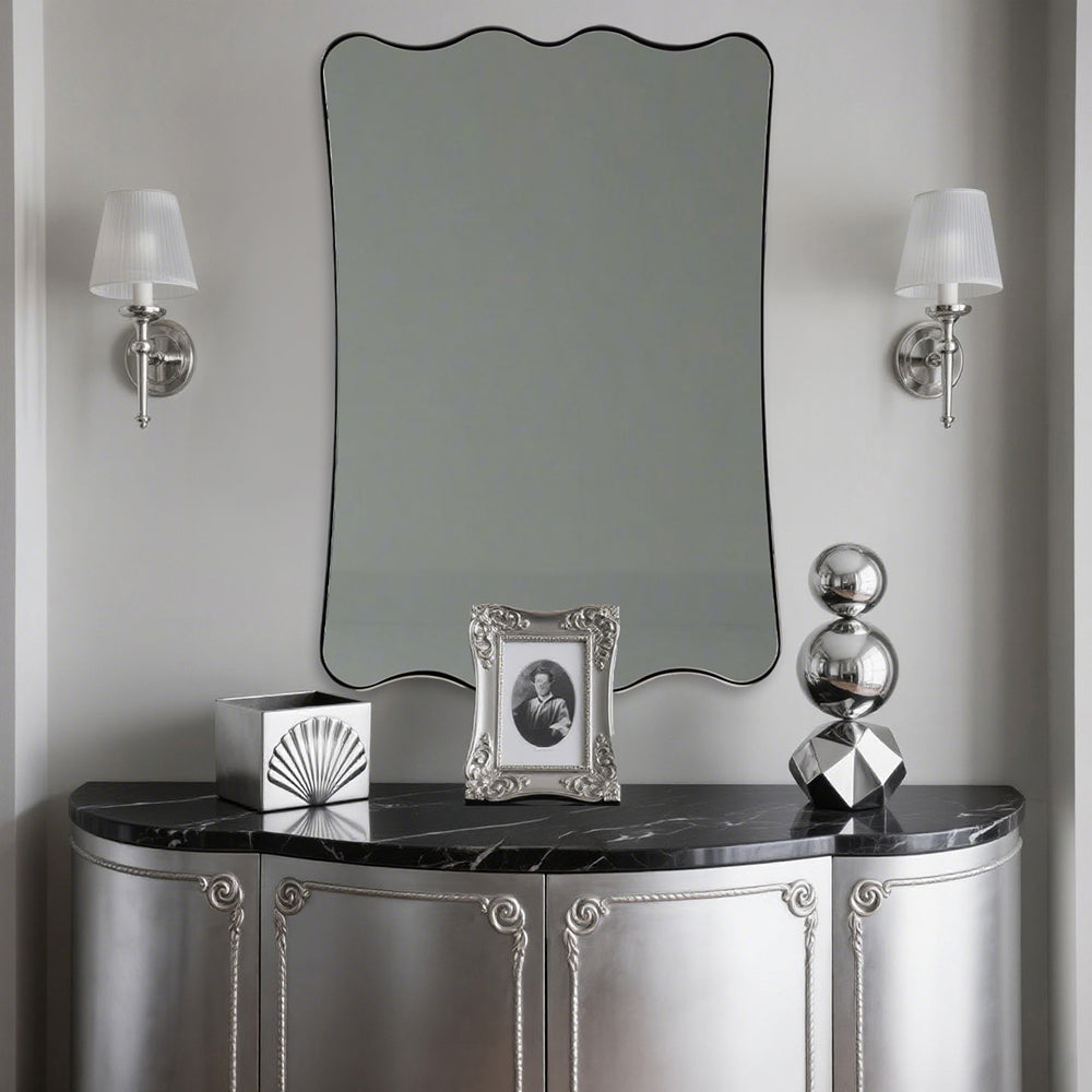Contemporary Wavy Scalloped Rectangle Mirror Decorative Bathroom Mirror | Stainless Steel Frame