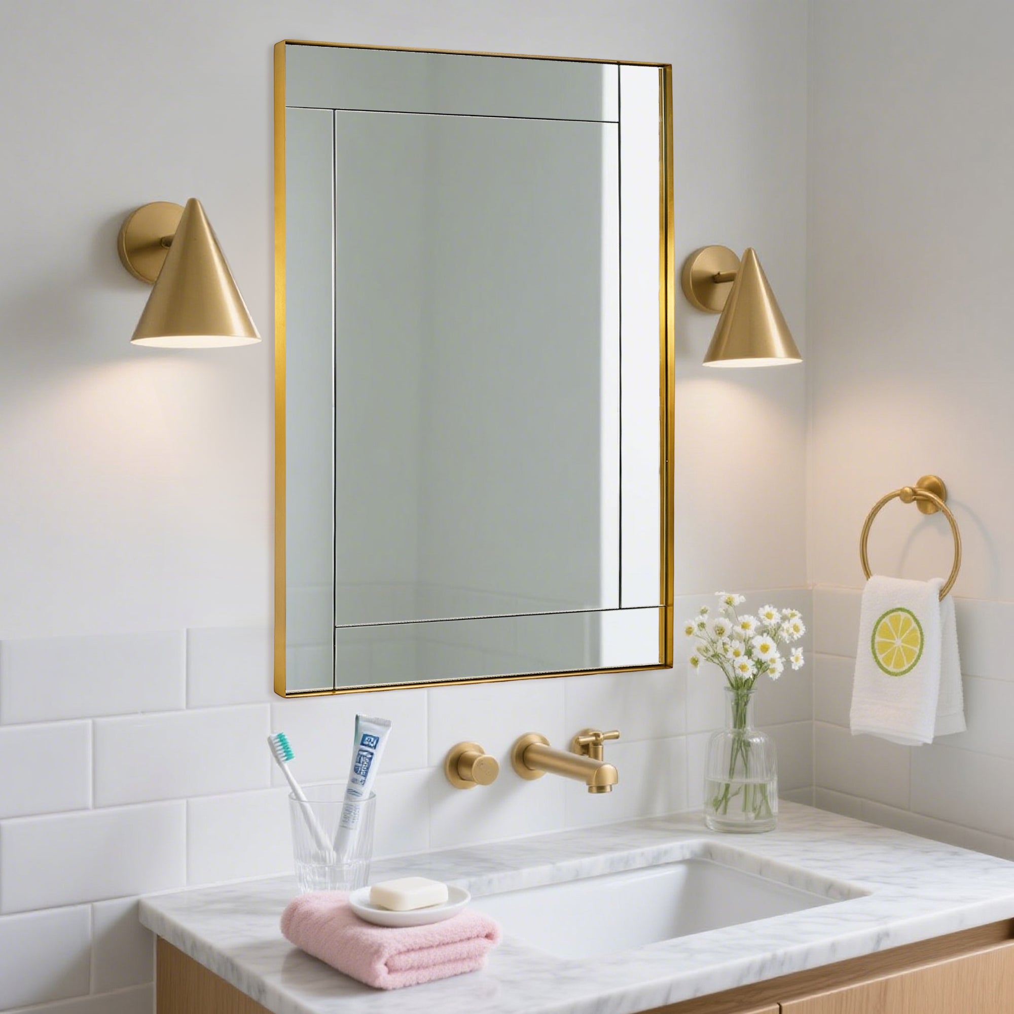 Contemporary Geometric Glass Tile Rectangular Bathroom Vanity Mirror | Stainless Steel Frame