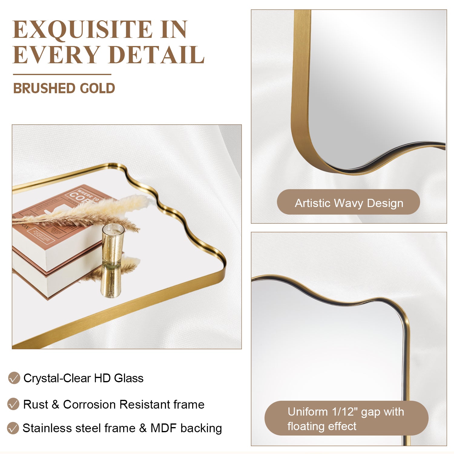 Contemporary Wavy Scalloped Rectangle Mirror Decorative Bathroom Mirror | Stainless Steel Frame