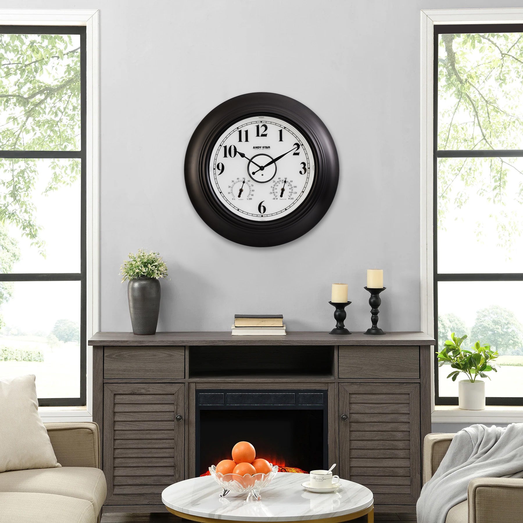 Contemporary Illuminated Indoor & Outdoor Wall Clock with Thermometer Weatherproof Waterproof Large Clocks for Living Room, Patio, Garden