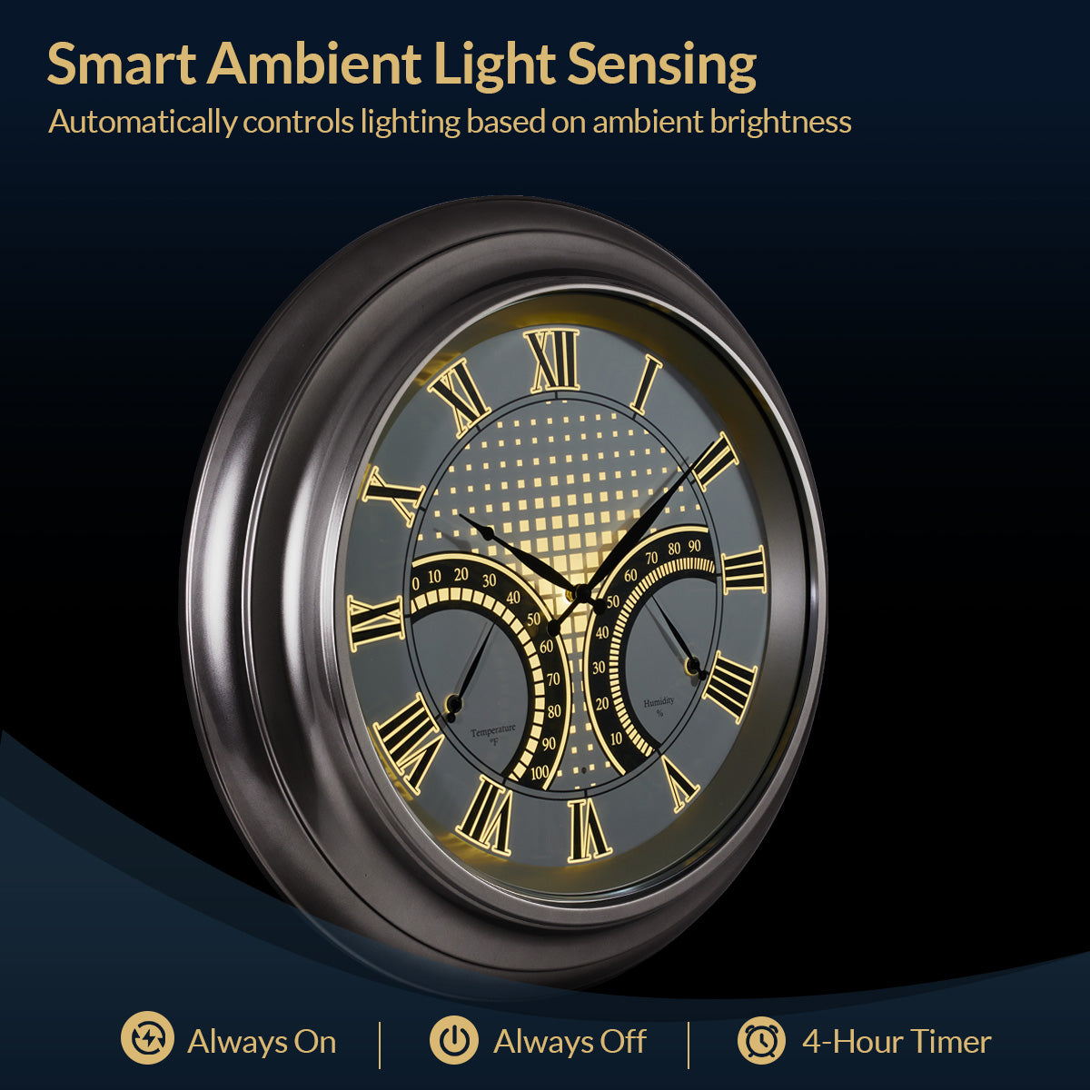 24 Inch Outdoor Wall Clock Large Waterproof Illuminated Clock with Thermometer,Square Grid Dial