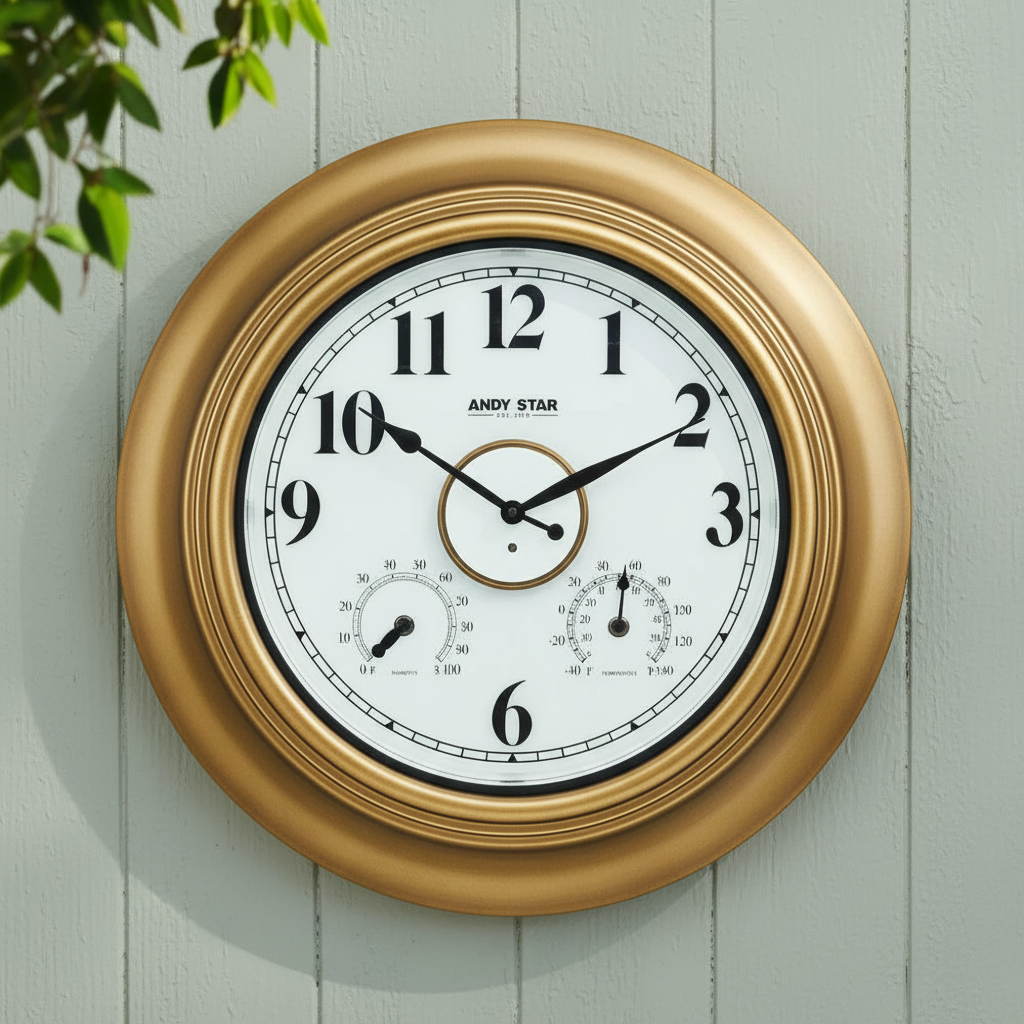金色挂钟浅绿色墙面完全正面