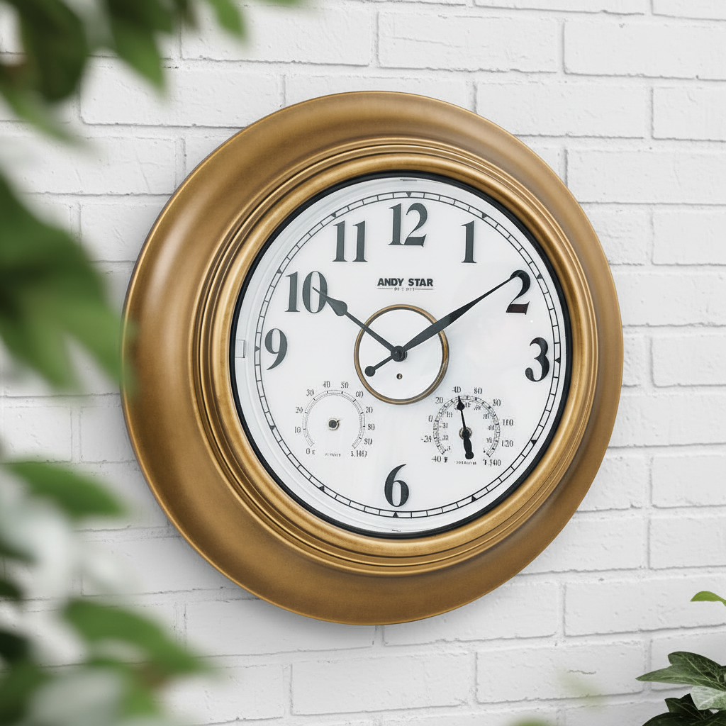 金色挂钟白色砖墙