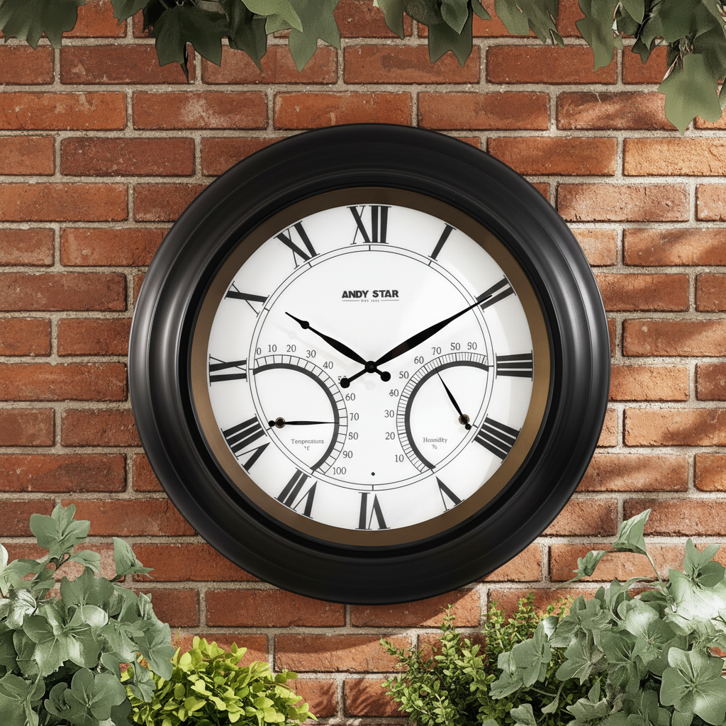 ANDY STAR® Black Modern Wall Clock Waterproof Illuminated Outdoor
