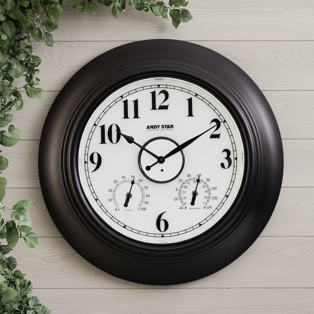 黑色挂钟浅灰色木板墙