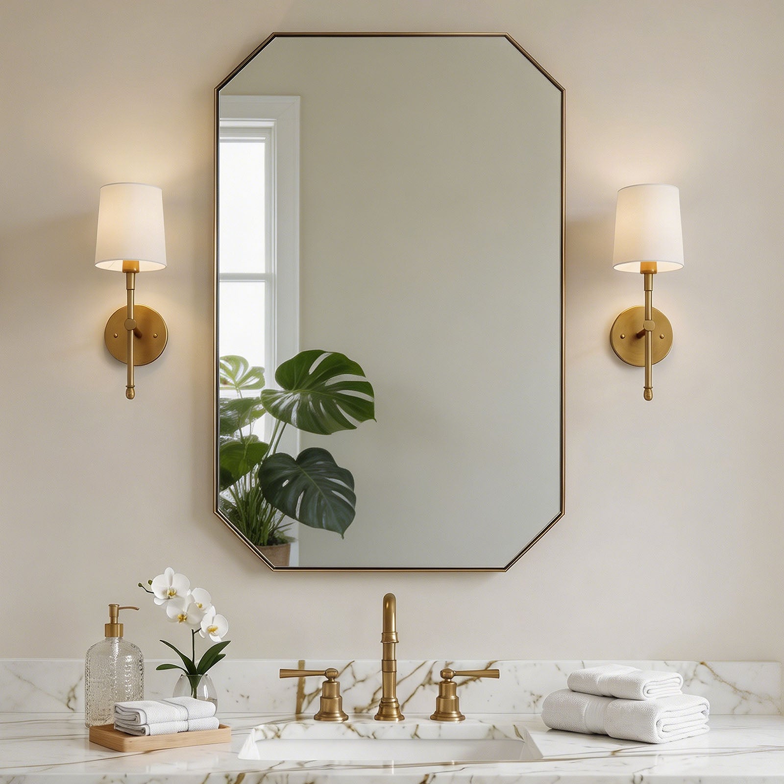 Contemporary Cut Corner Octagonal Scalloped Rectangle Mirror for Bathroom  |Stainless Steel Frame