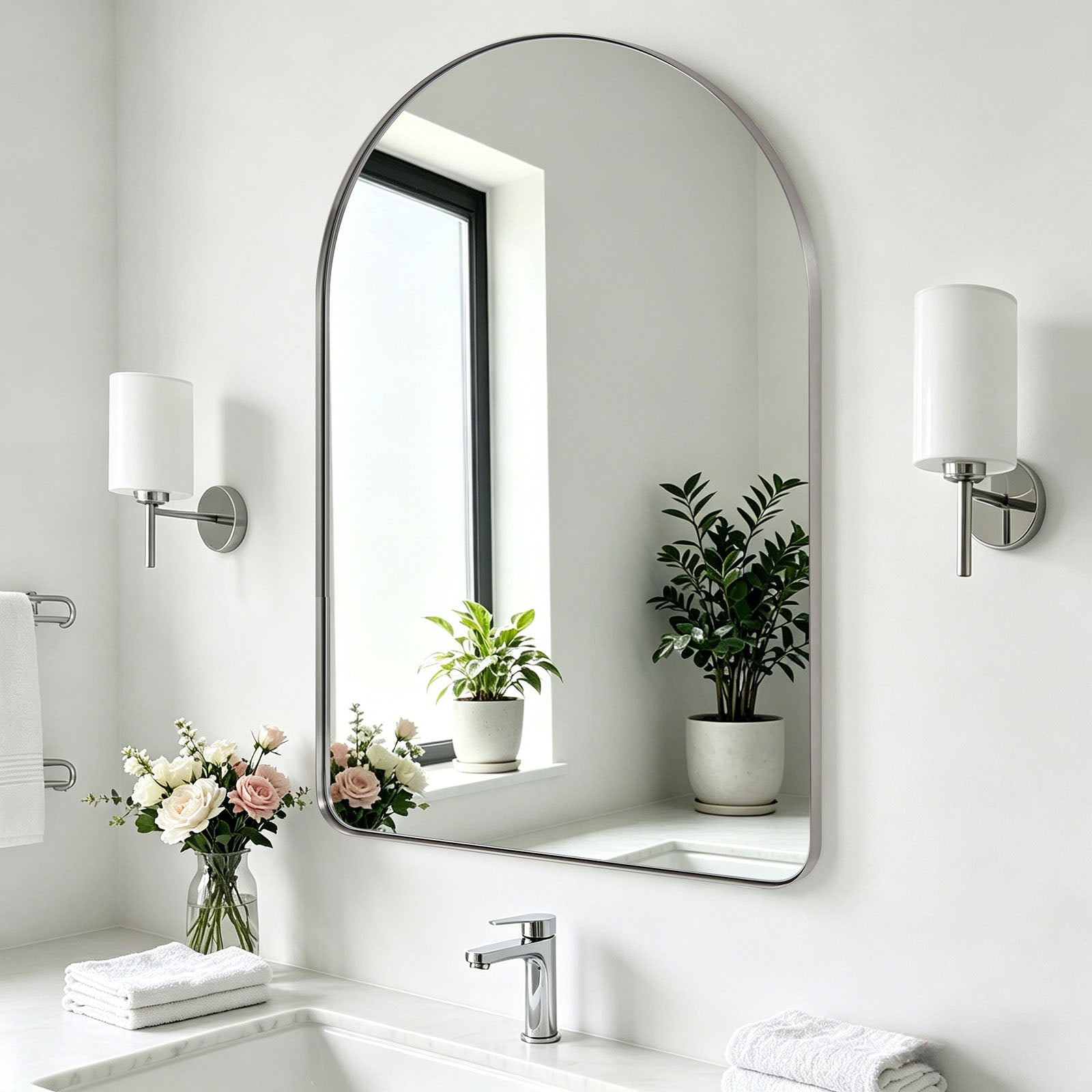 Contemporary Arched Bathroom Vanity Mirror | Stainless Steel Frame