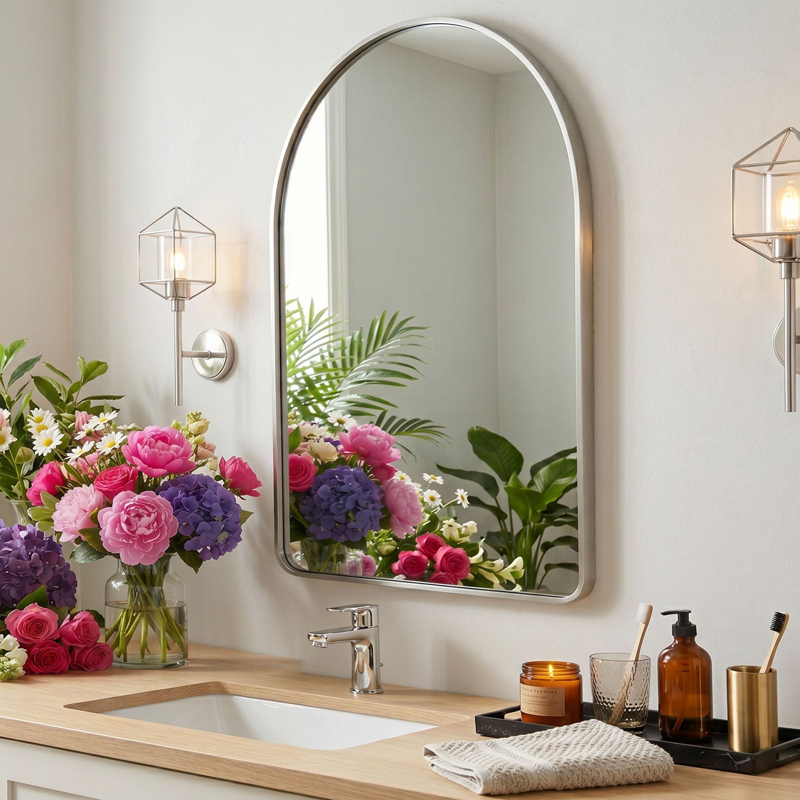 Contemporary Arched Bathroom Vanity Mirror Arch Wall Mirror |Stainless Steel Framed