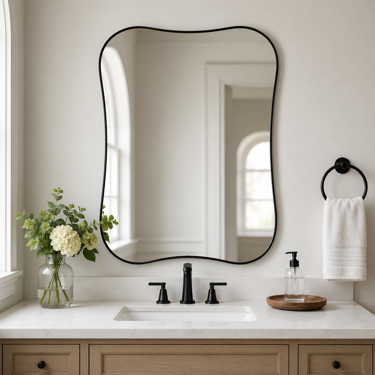 Contemporary Dual  Concave Edge Rouded Scalloped Rectangle Wall Mirror | Stainless Steel Frame