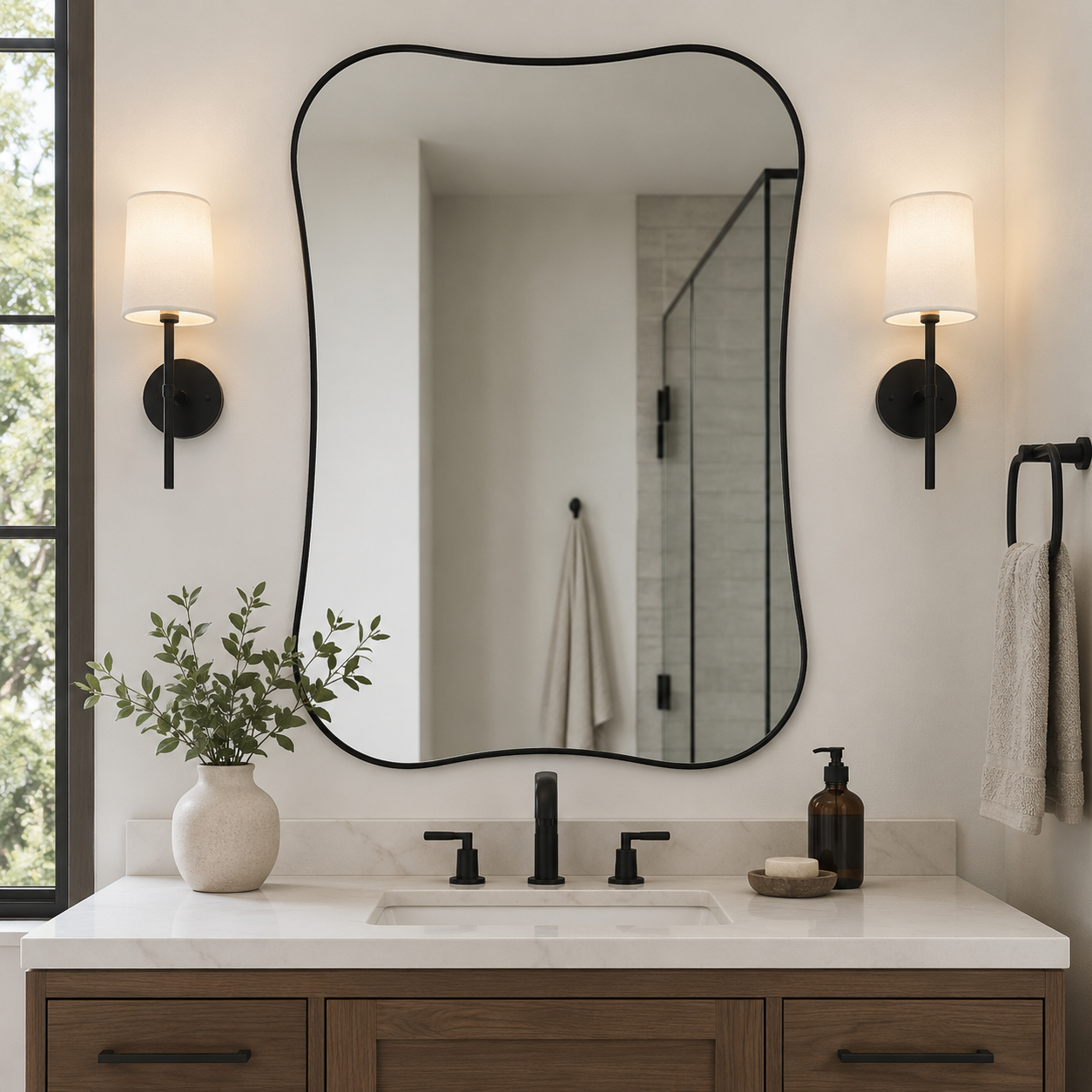 Contemporary Dual  Concave Edge Rouded Scalloped Rectangle Wall Mirror | Stainless Steel Frame