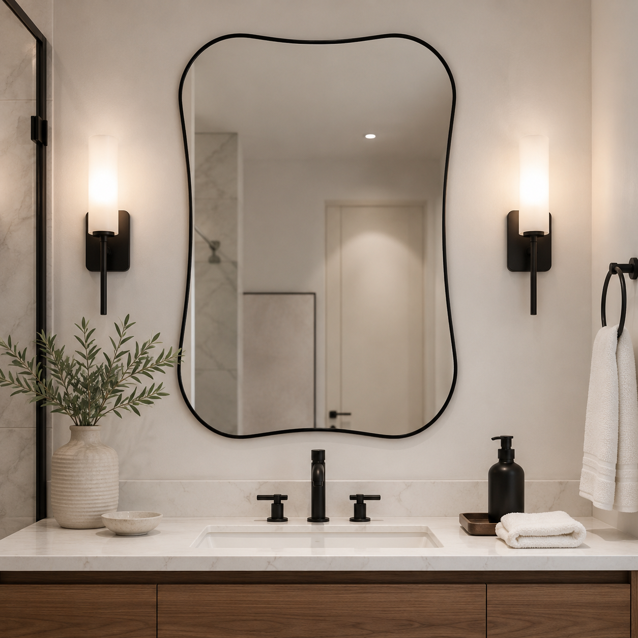 Contemporary Dual  Concave Edge Rouded Scalloped Rectangle Wall Mirror | Stainless Steel Frame