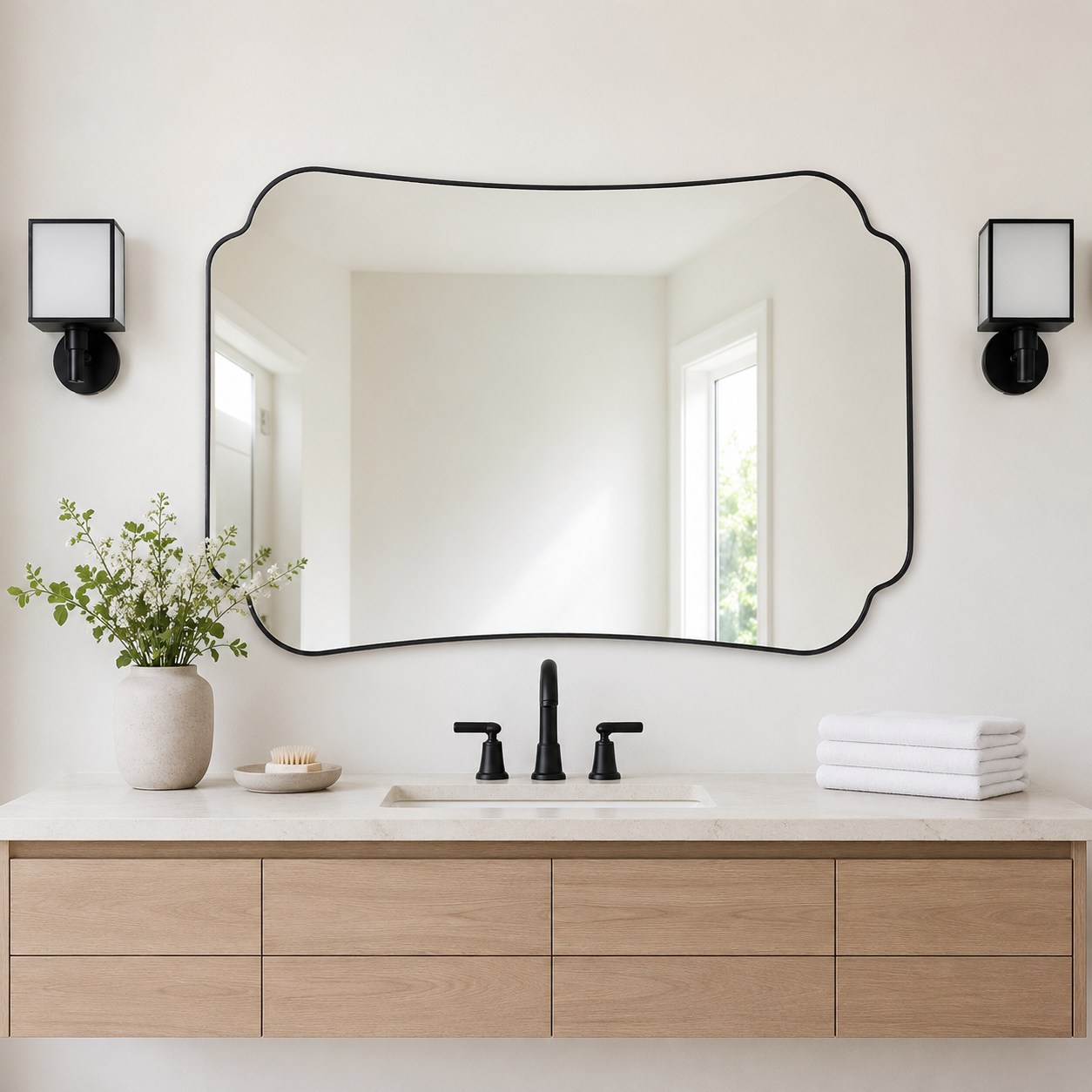 Contemporary Cut Corner Concave Edge Scalloped Bathroom Mirror | Stainless Steel Frame