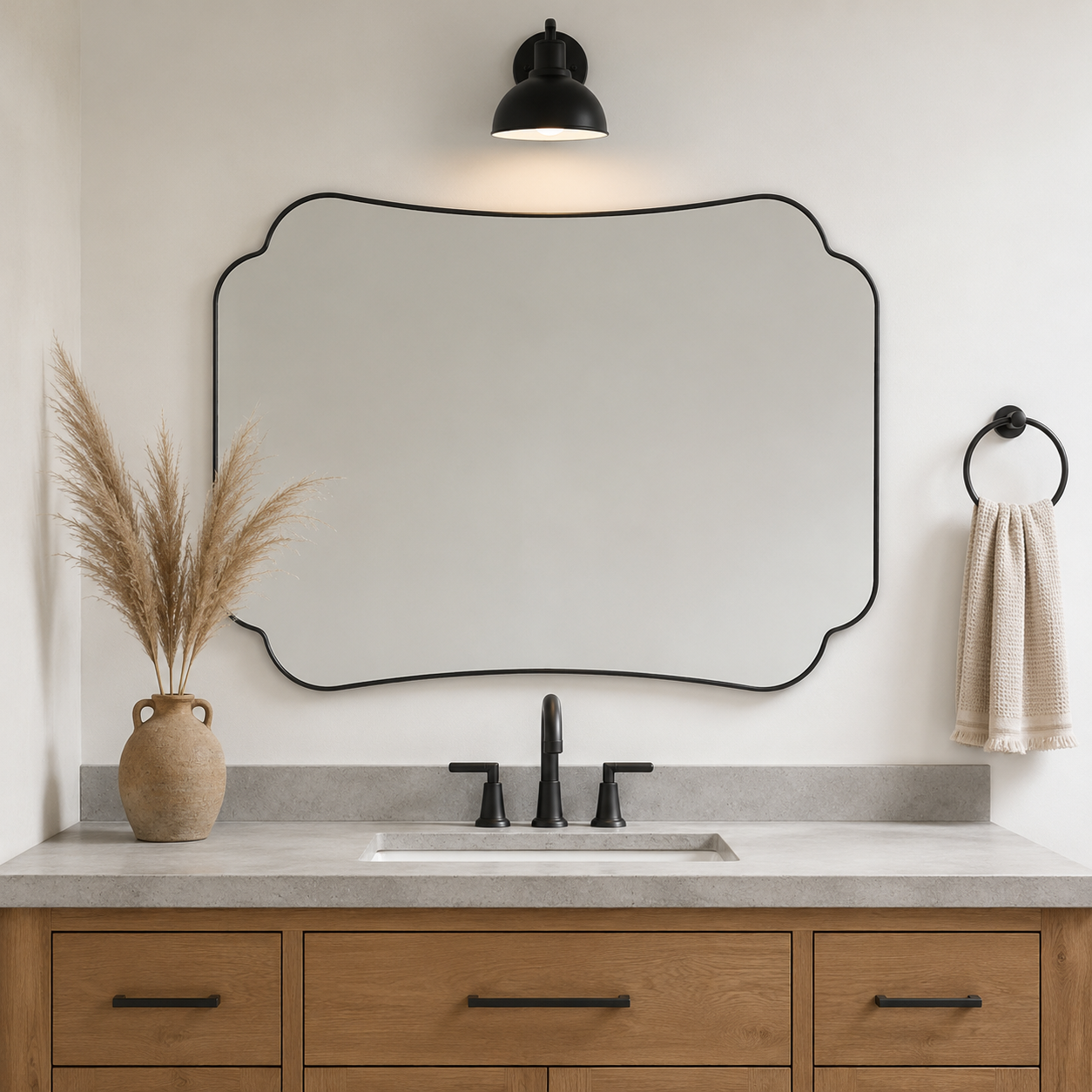 Contemporary Cut Corner Concave Edge Scalloped Bathroom Mirror | Stainless Steel Frame