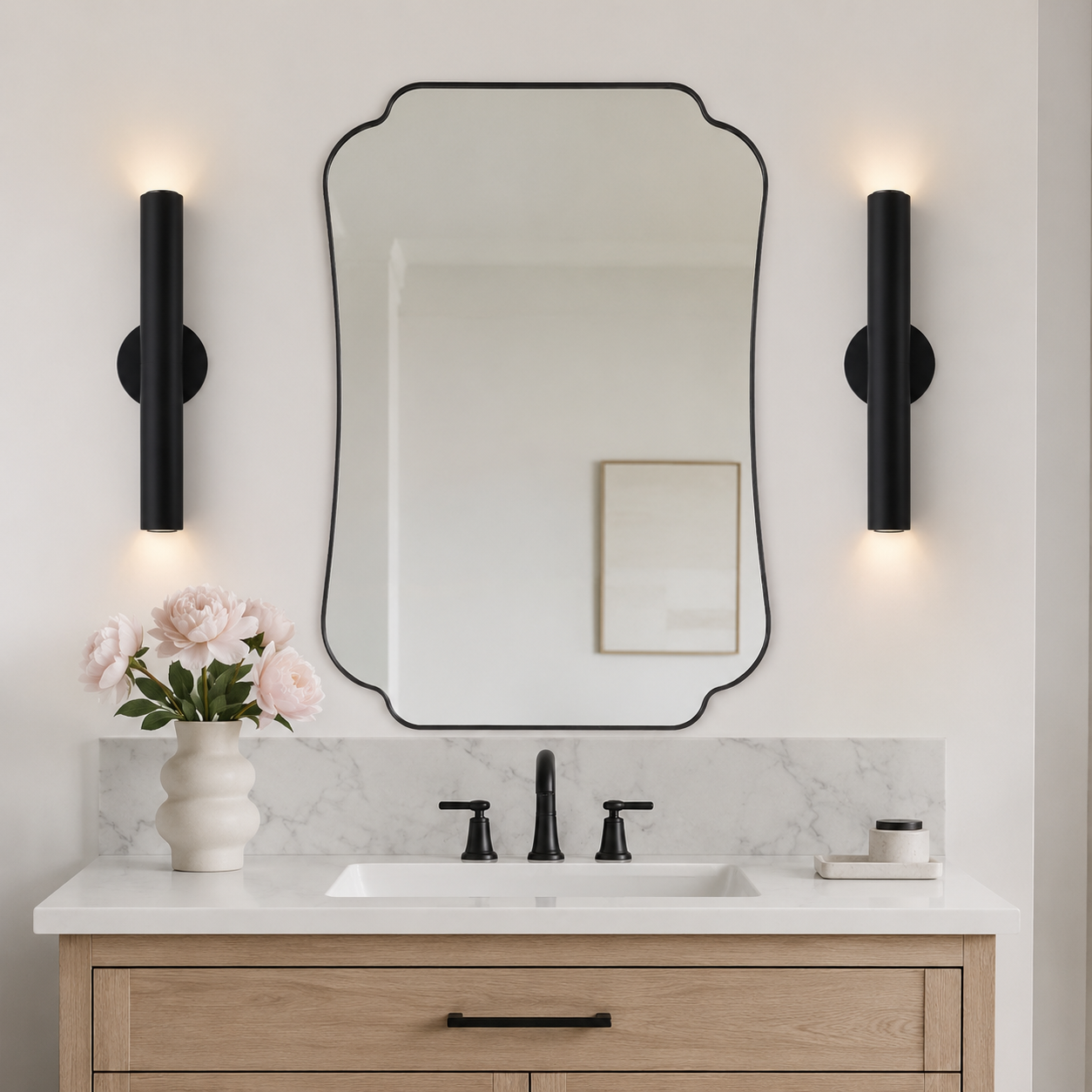 Contemporary Cut Corner Concave Edge Scalloped Bathroom Mirror | Stainless Steel Frame