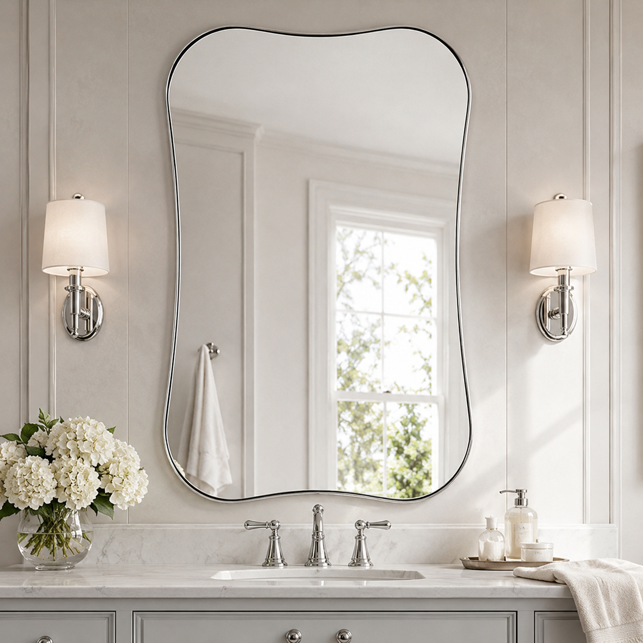Contemporary Dual  Concave Edge Rouded Scalloped Rectangle Wall Mirror | Stainless Steel Frame
