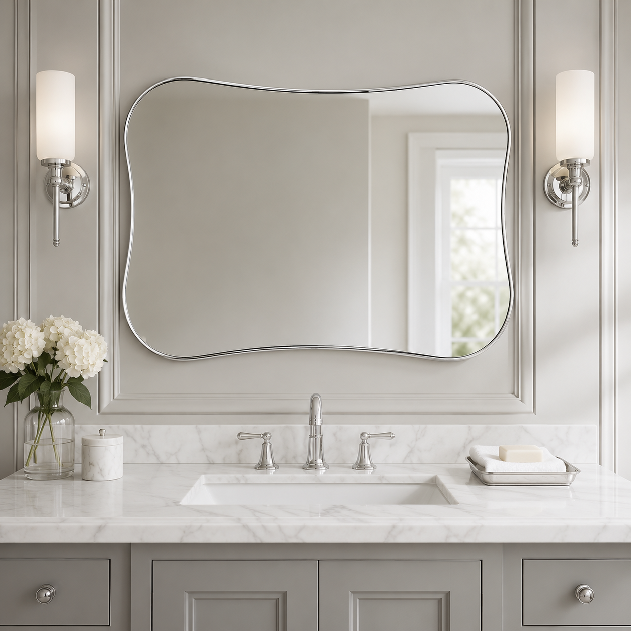 Contemporary Dual  Concave Edge Rouded Scalloped Rectangle Wall Mirror | Stainless Steel Frame