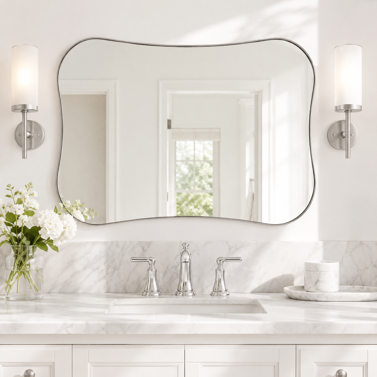Contemporary Dual  Concave Edge Rouded Scalloped Rectangle Wall Mirror | Stainless Steel Frame
