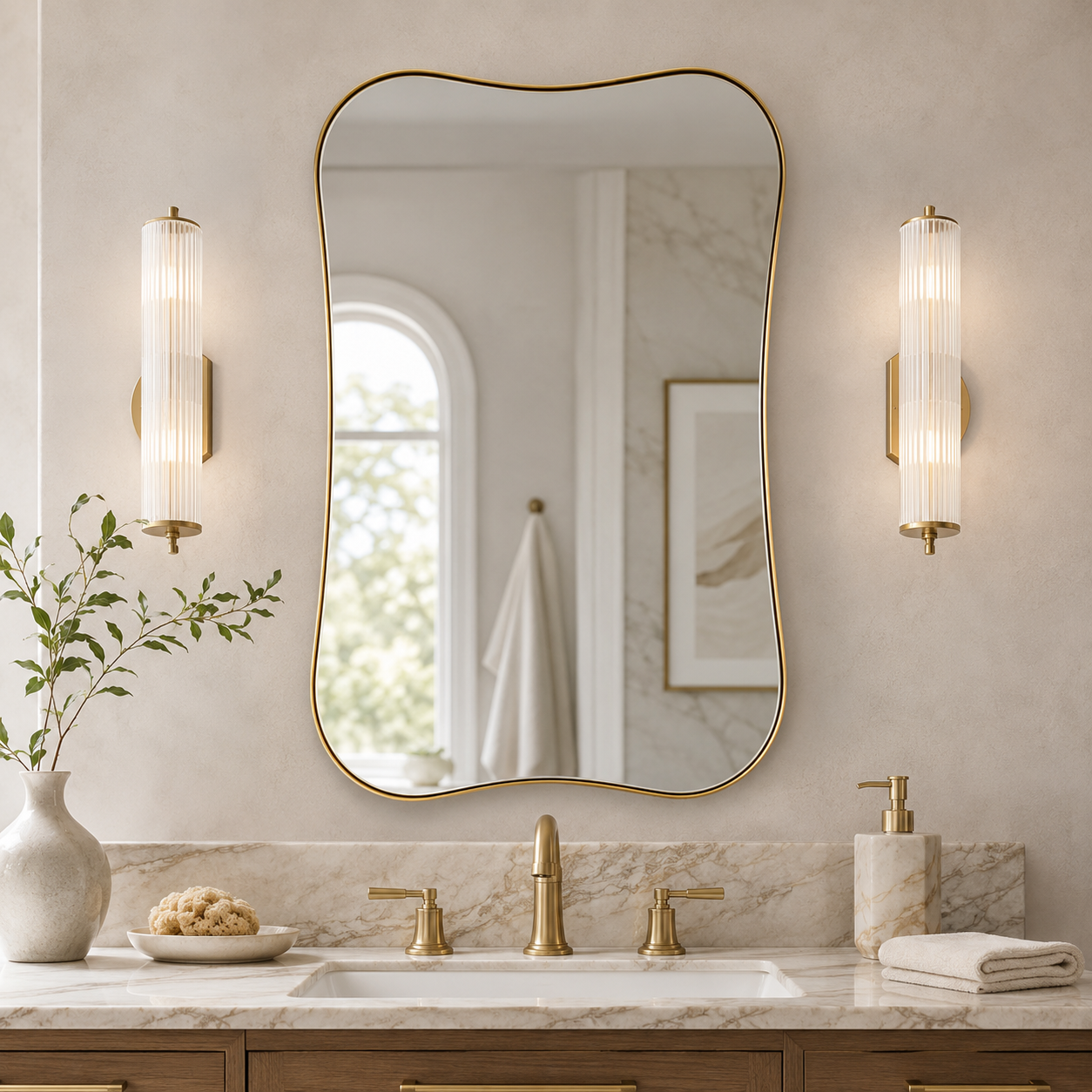 Contemporary Dual  Concave Edge Rouded Scalloped Rectangle Wall Mirror | Stainless Steel Frame