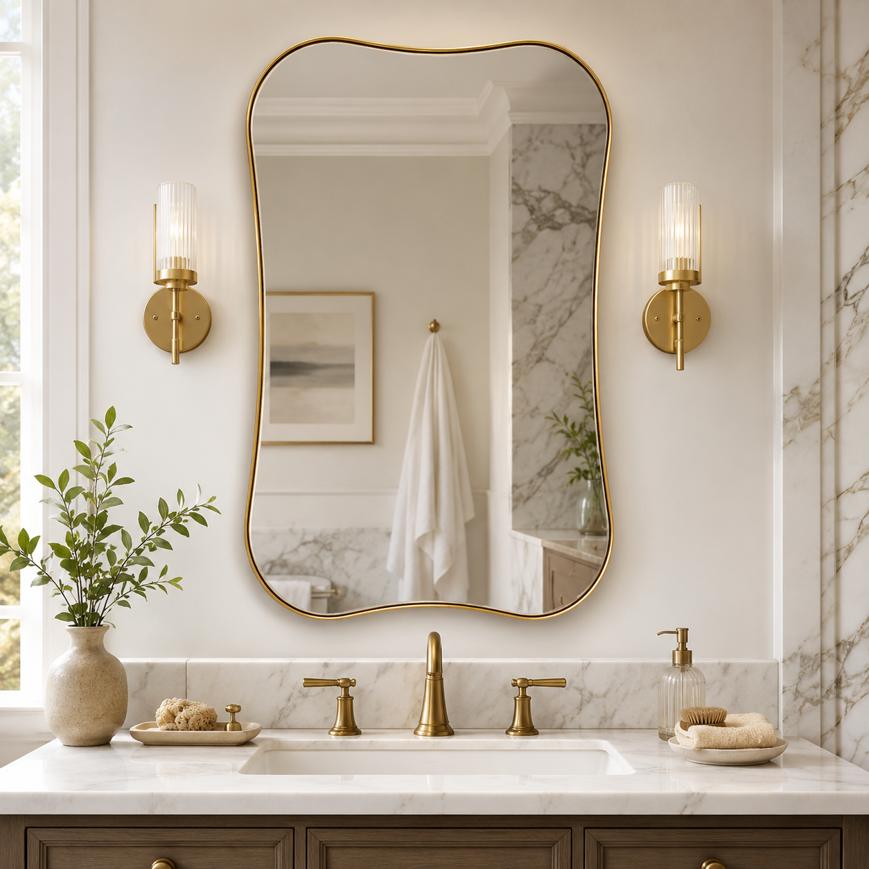 Contemporary Dual  Concave Edge Rouded Scalloped Rectangle Wall Mirror | Stainless Steel Frame