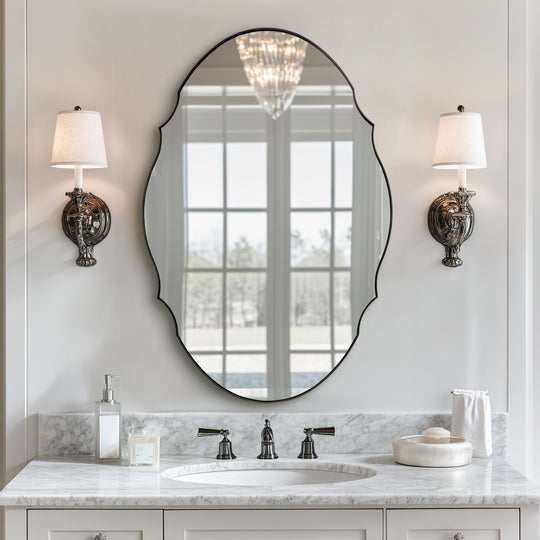 Contemporary Oval Scalloped Wall Mirror Irregular Bathroom Vanity Mirror| Stainless Steel Frame