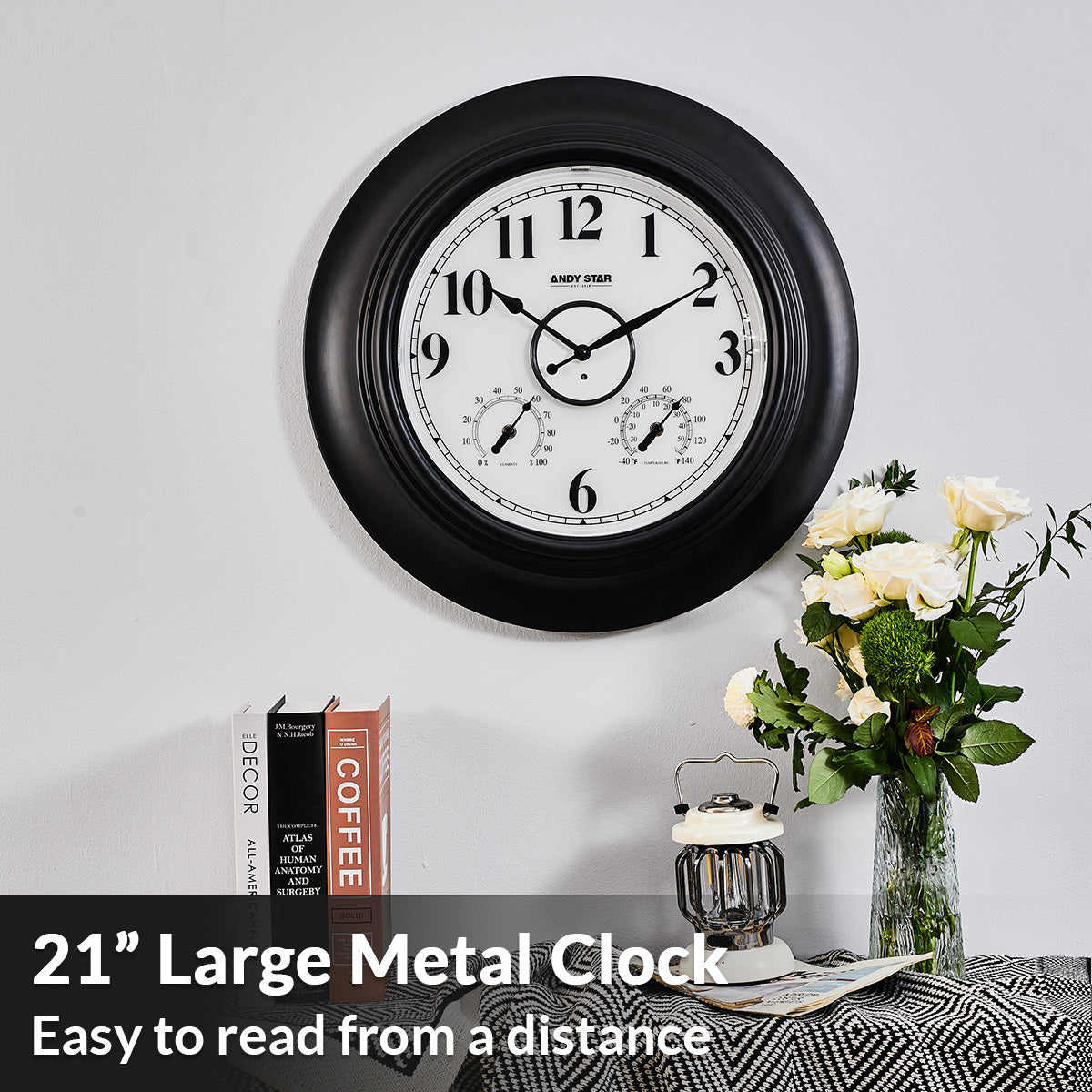 Contemporary Illuminated Outdoor Clock with Thermometer Weatherproof Waterproof | Black, 21 inch