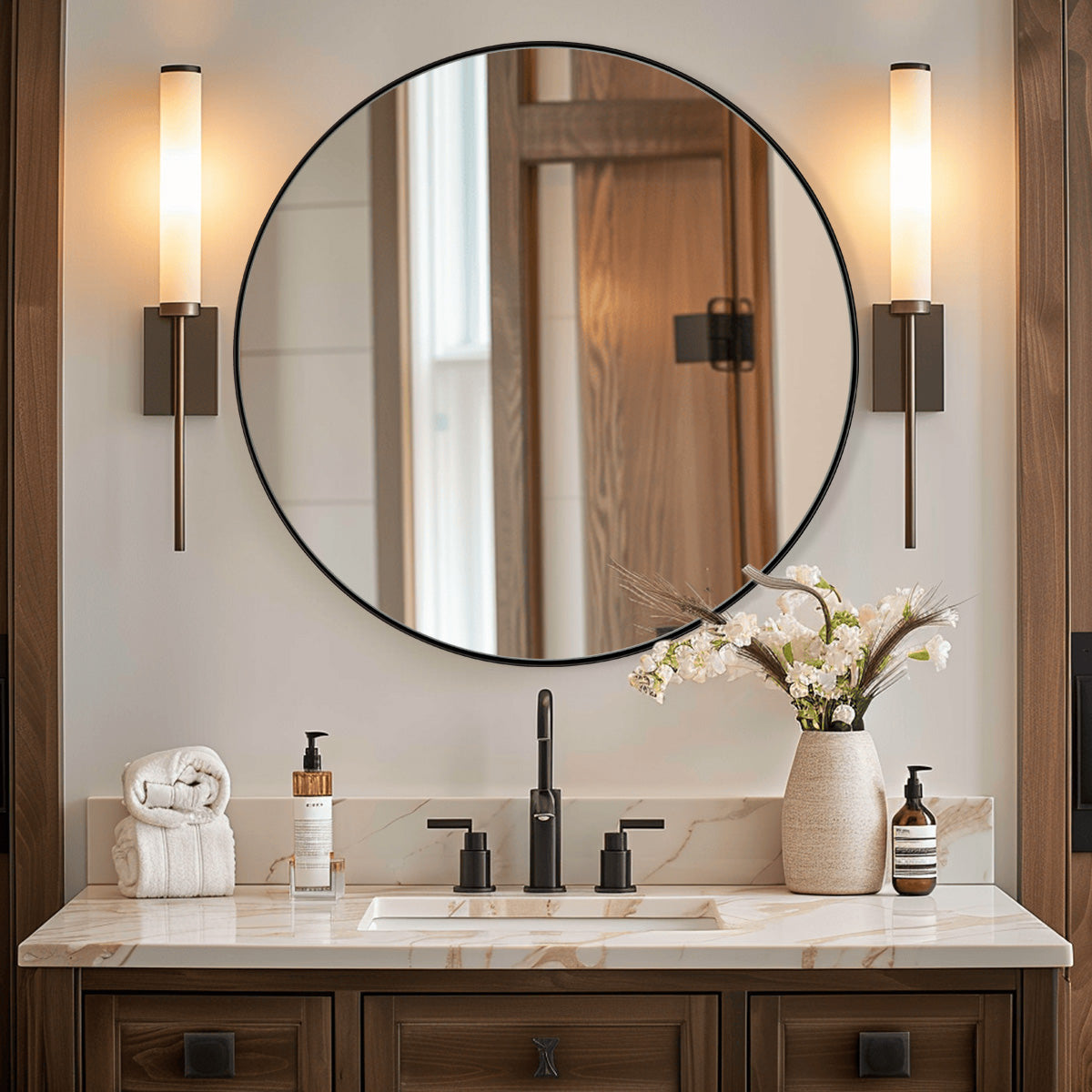 Contemporary Round Mirror for Bathroom | Stainless Steel Frame