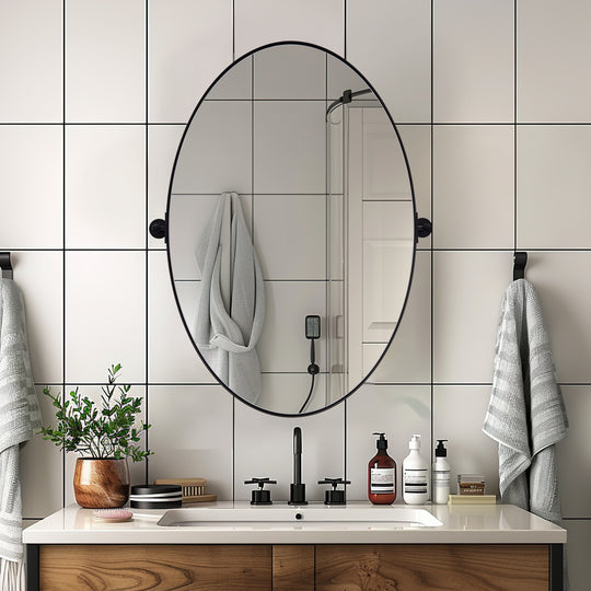 Oval Pivot Mirrors Adjustable Tilting Angle for Bathroom | Stainless Steel Framed