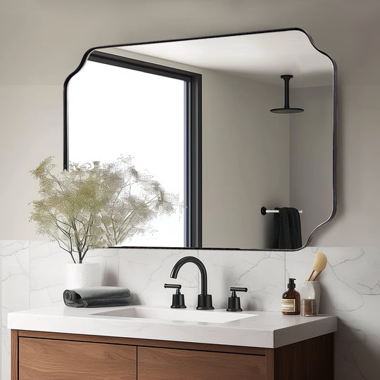 Contemporary Rounded Notched Corner Irregular Scalloped Mirror for Wall /Bathroom | Stainless Steel Frame