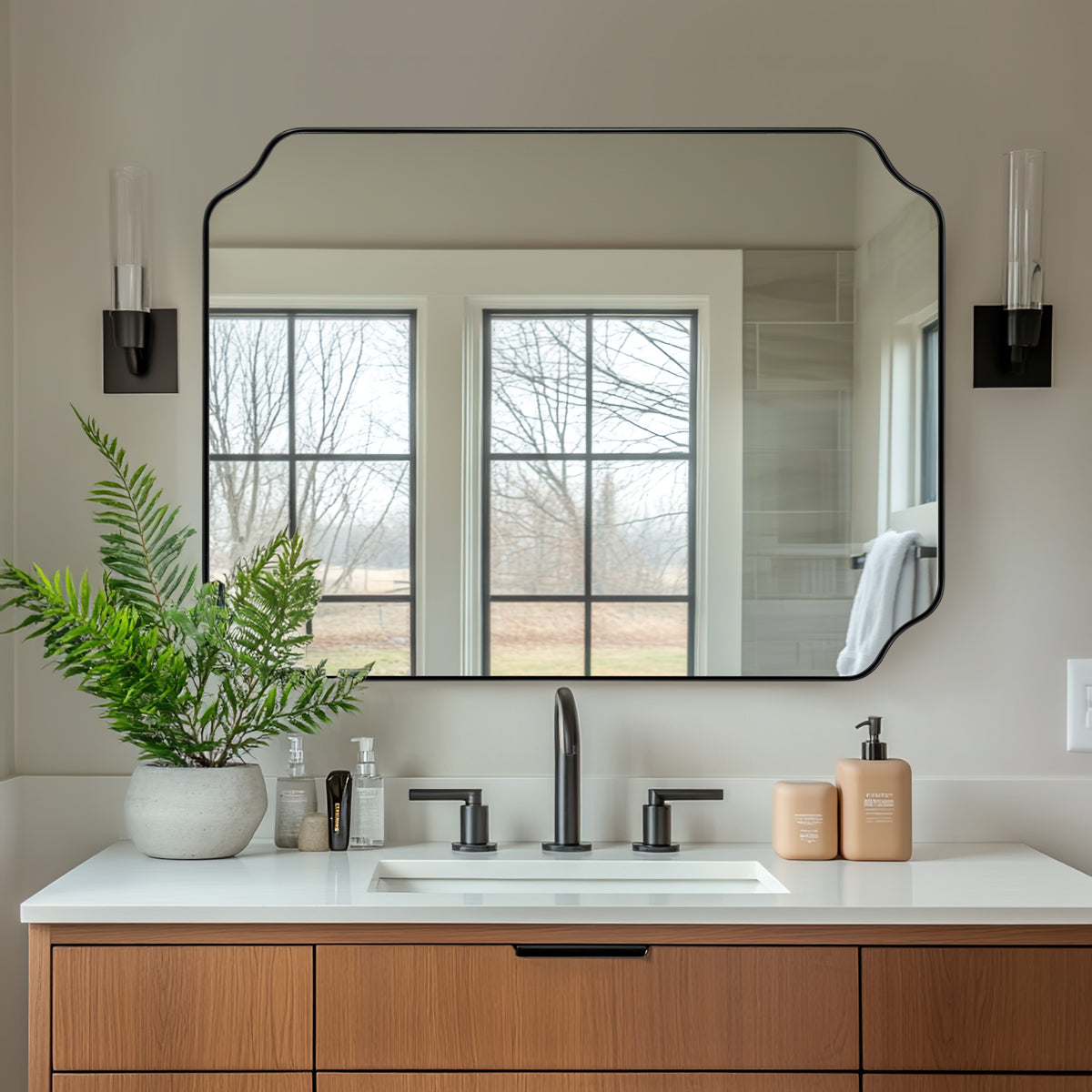Modern Cut Corner Rectangle Scalloped Mirror for Wall /Bathroom | Stainless Steel Frame
