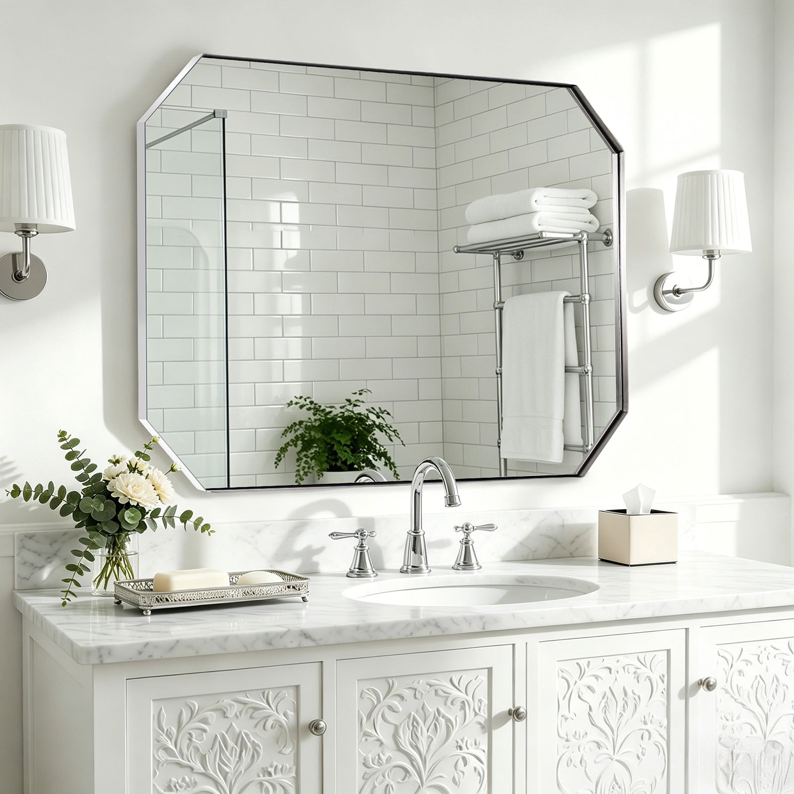 Contemporary Cut Corner Octagonal Scalloped Rectangle Mirror for Bathroom  |Stainless Steel Frame