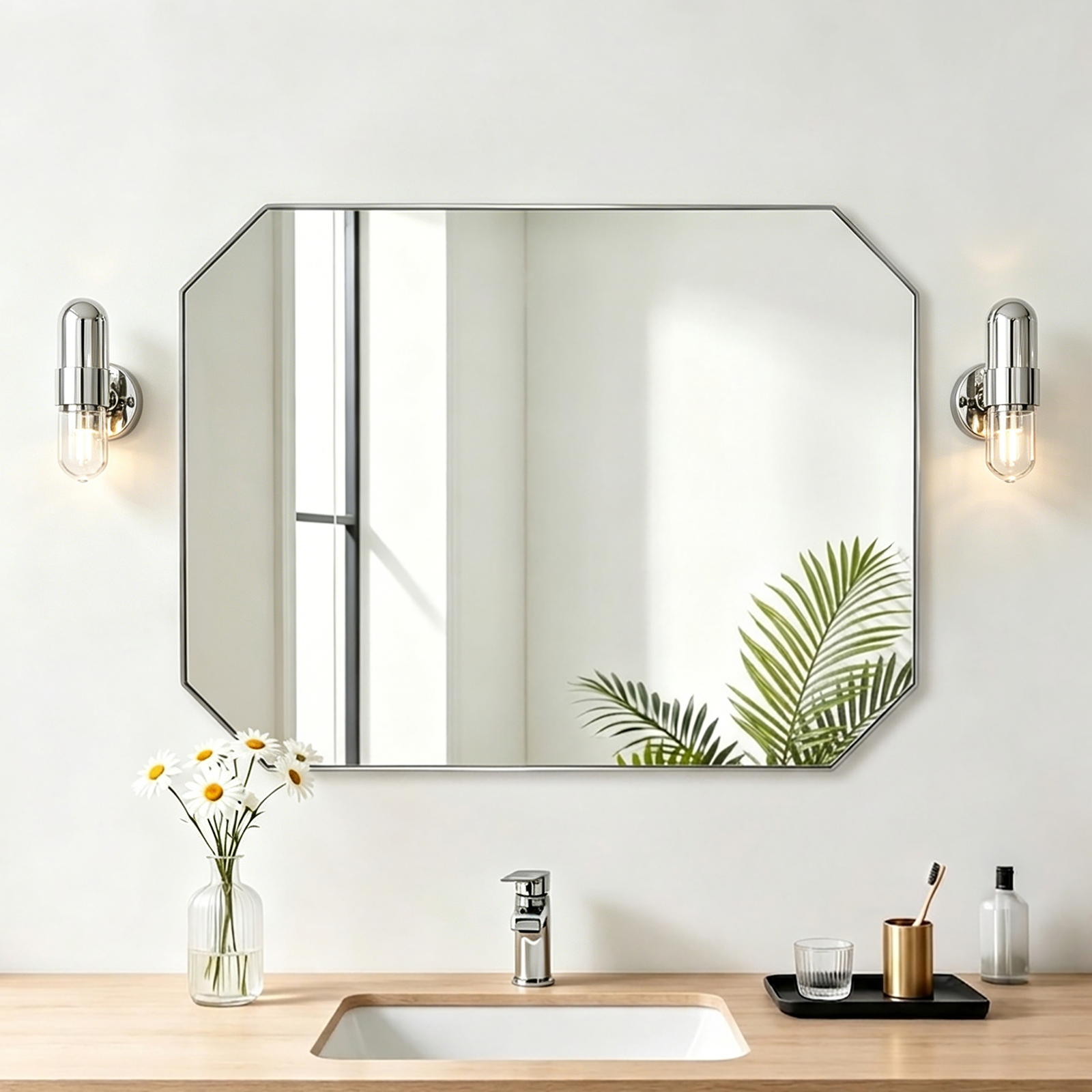 Contemporary Cut Corner Octagonal Scalloped Rectangle Mirror for Bathroom  |Stainless Steel Frame
